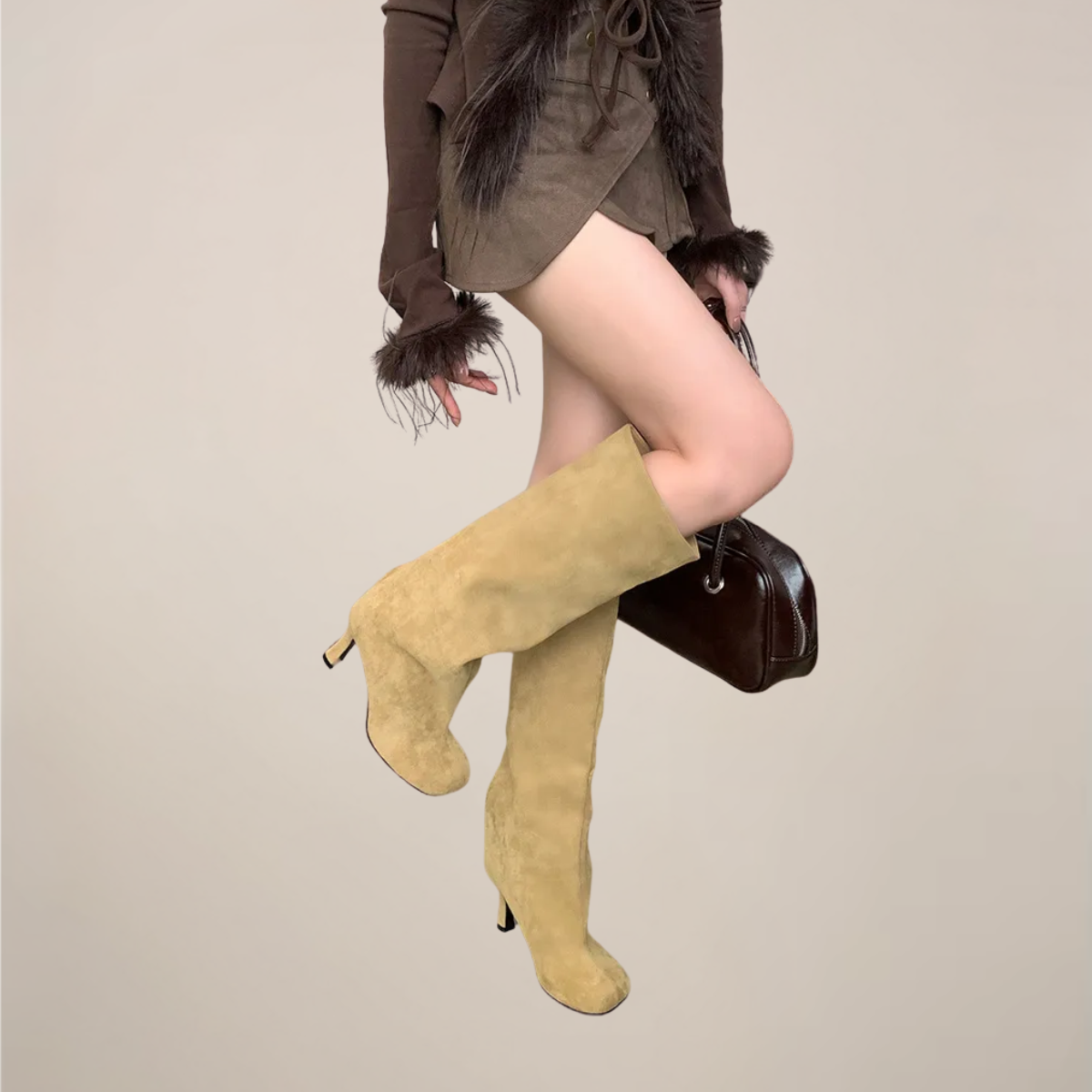 Women’s Knee-High Boots – Peep Toe, Sculpted Wedge, Slouch Shaft