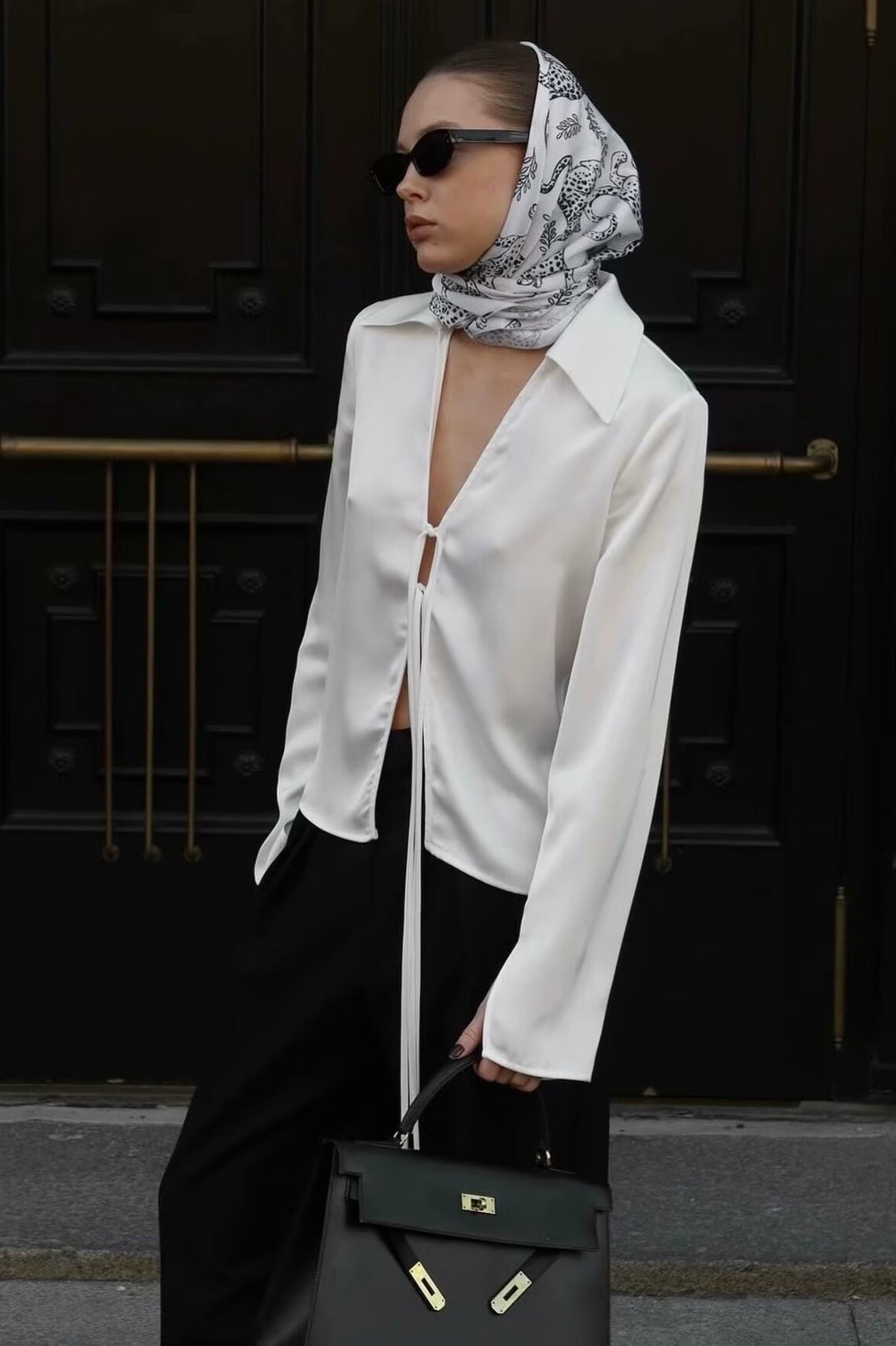 Acetate Satin Bow Tie V Neck Minimalist Long Sleeve Blouse