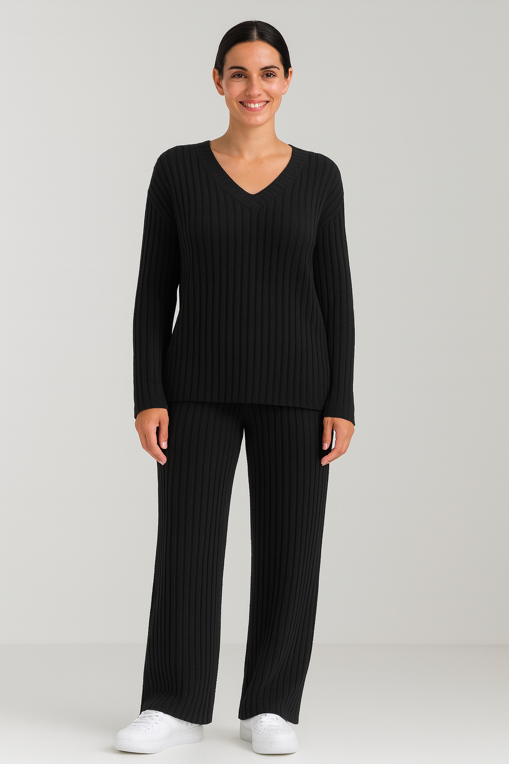 Women's Knitwear Set Soft Chic V-Neck Sweater and Wide-Leg Pants