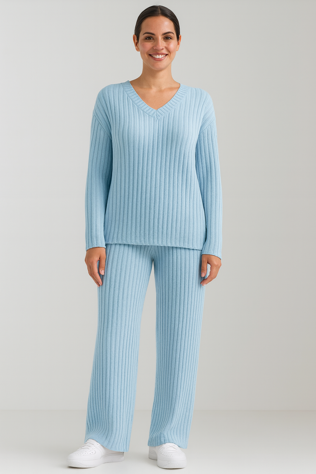 Women's Knitwear Set Soft Chic V-Neck Sweater and Wide-Leg Pants