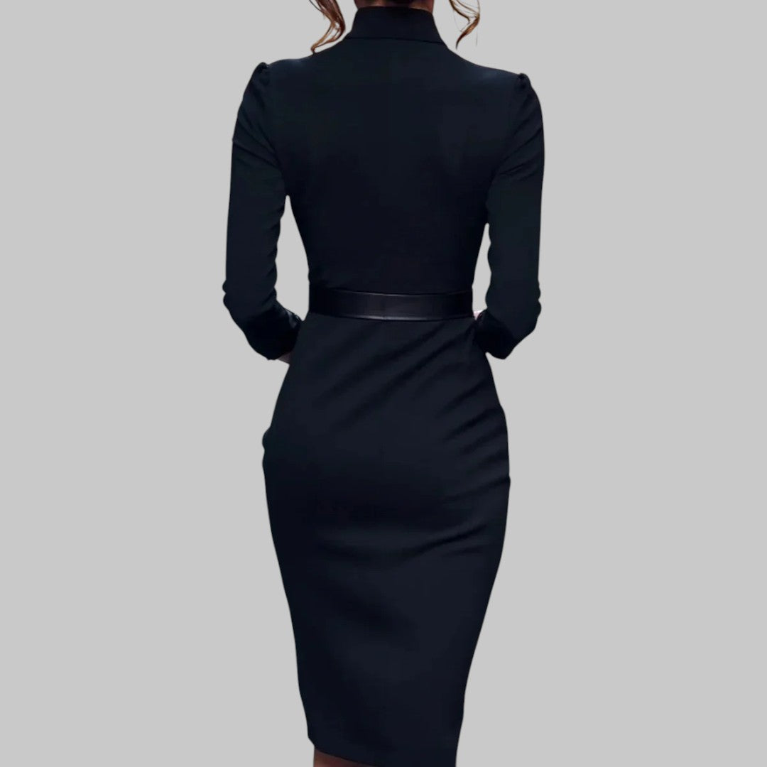 Refined Long Sleeve Midi Dress - Collar Belted - Sheath Design – Elegant Office & Evening Wear