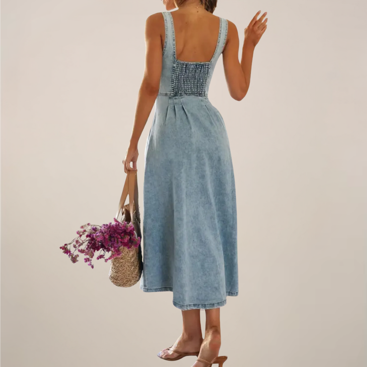 Sleeveless Button-Front Denim Midi Dress – Timeless Style, Effortless Appeal