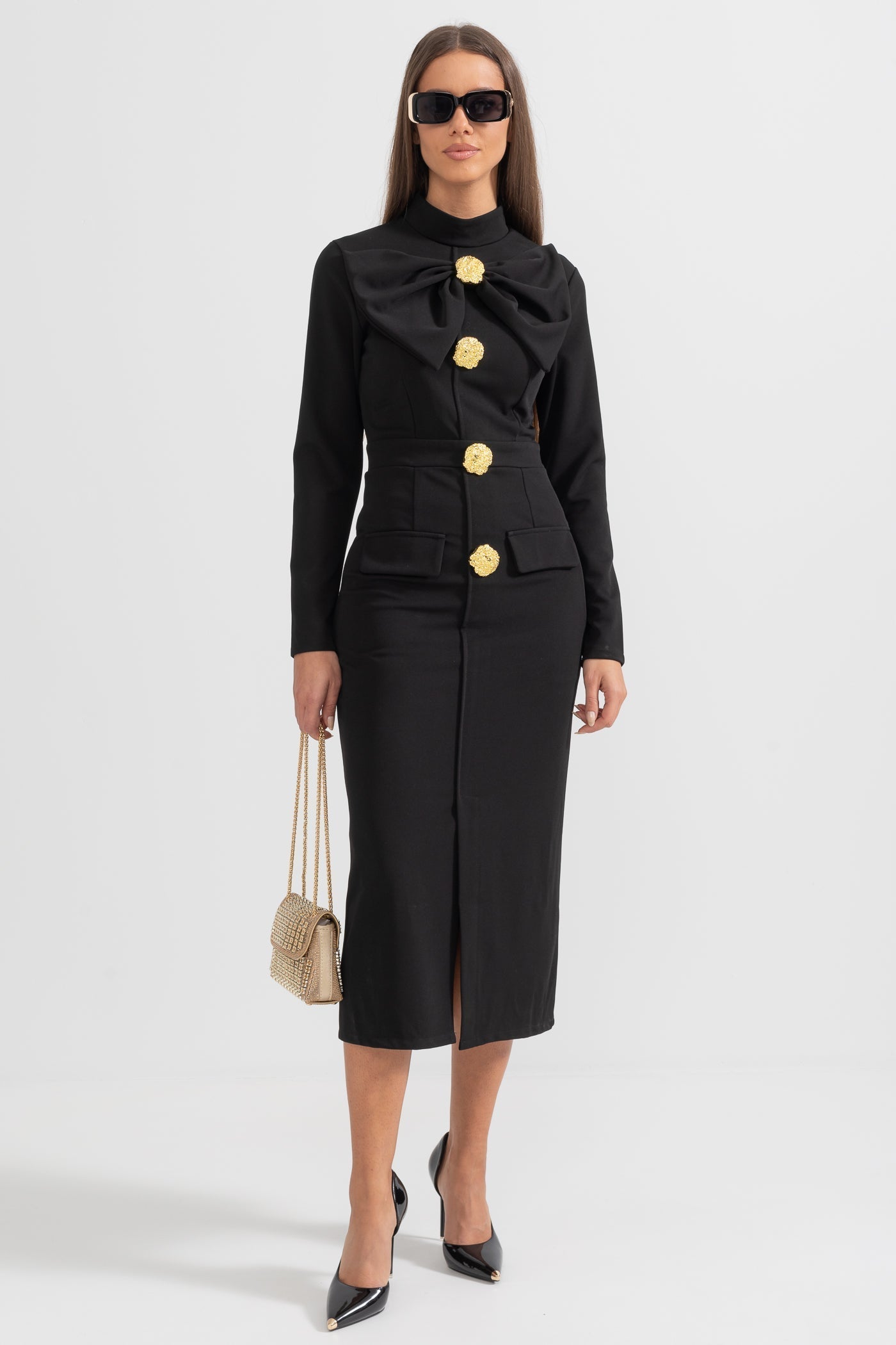 Women’s Black Long Sleeve Formal Midi Dress – Elegant Bow Detail with Gold Buttons