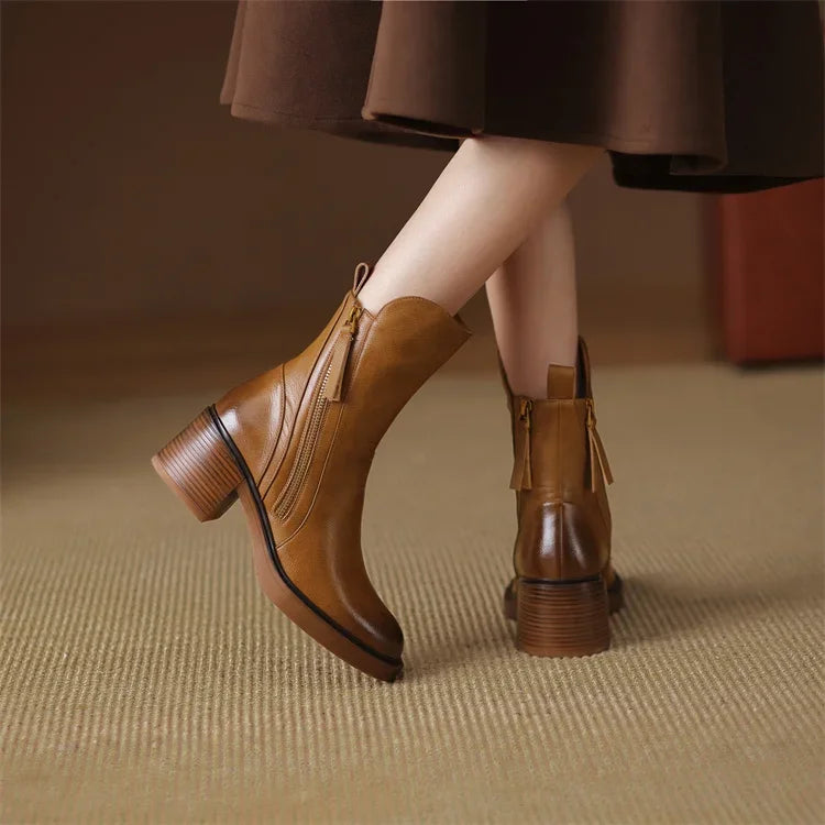 Women’s Block Heel Zip Boots – Sleek Round-Toe Ankle Style