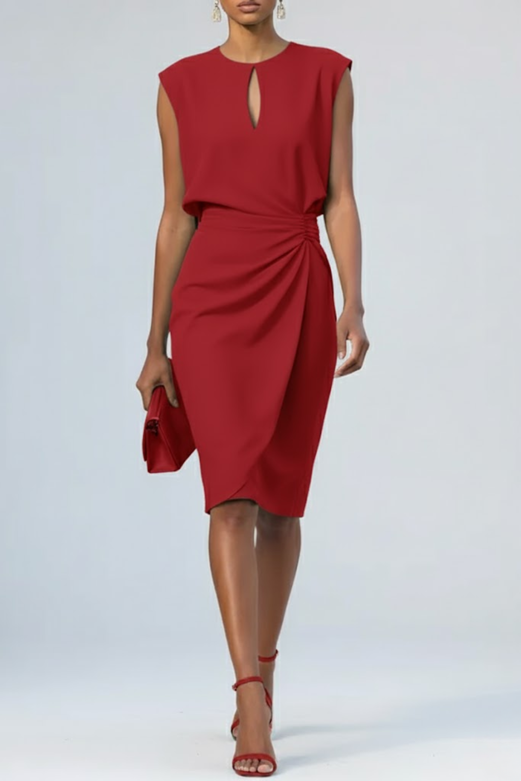 Women’s Keyhole Neck Midi Cocktail Dress – Elegant Ruched Waist Design