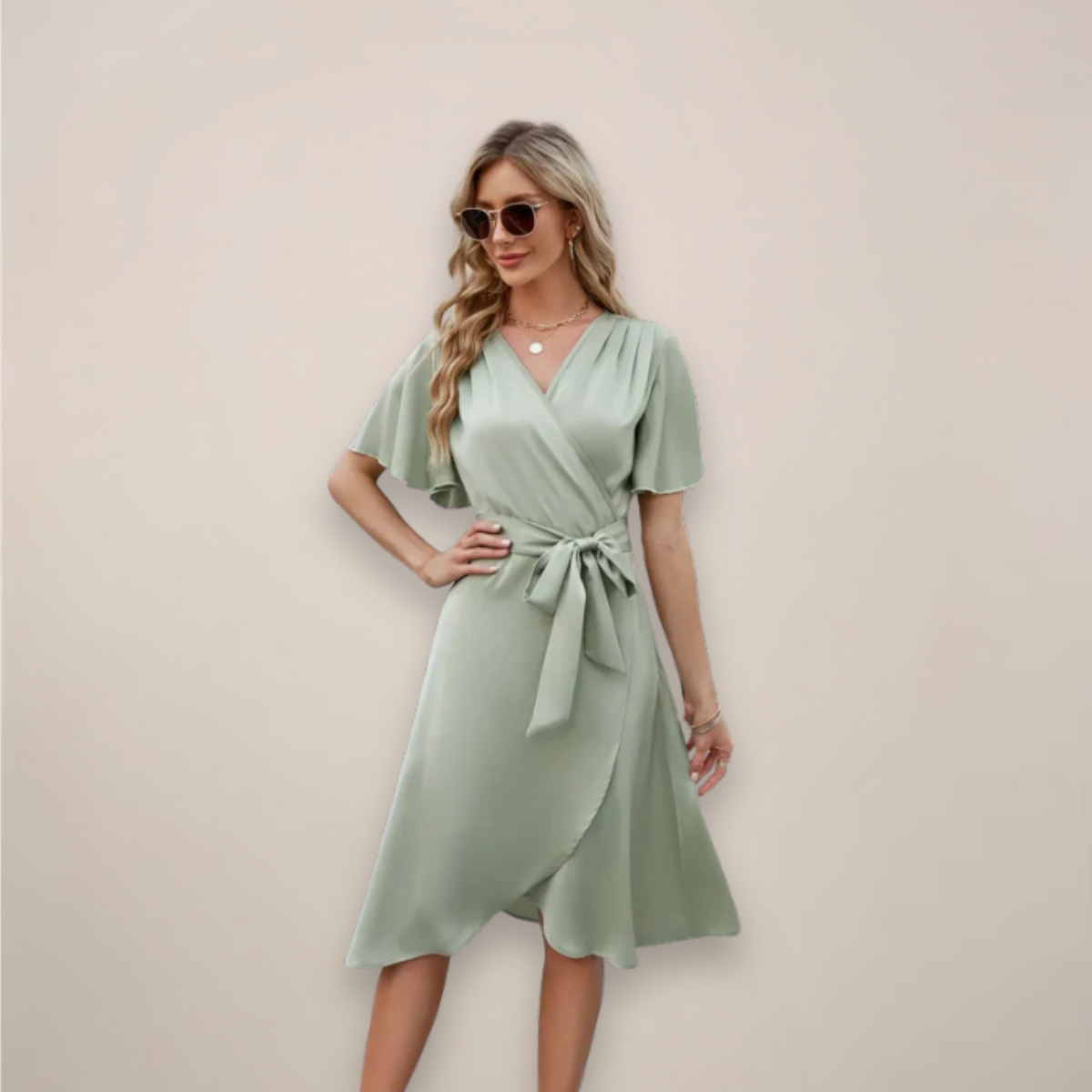 Women’s Midi Wrap Dress with Tie Detail – Elegant V-Neck Silhouette