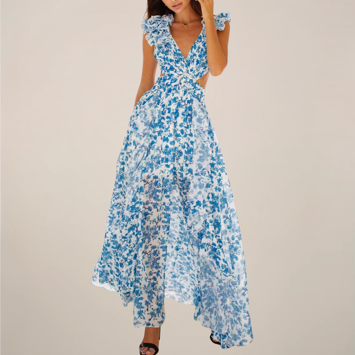 Women’s Plunging V-Neck Ruffled Sleeves Maxi Dress with Cut-Out Waist and High Slit