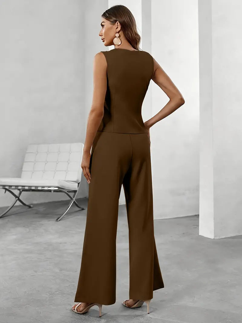 Women’s Tailored Set – Sleeveless Blazer Top & Wide-Leg Trousers – Elegant Formal Wear