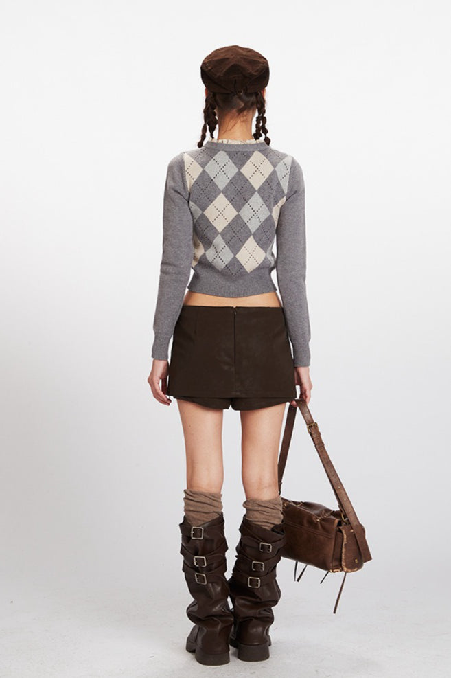 Argyle V-Neck Cropped Knit Top