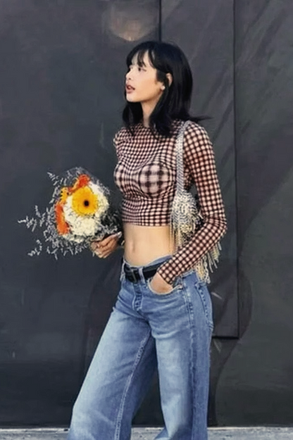 American Hottie Push Up Plaid Round Neck Slim Long Sleeve Crop Top