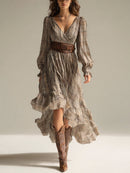 Women's Beige - Plaid Bohemian Chiffon Ruffled Midi Dress (without Belt)