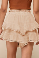 Ruched Tiered Ruffle Hem Elastic Waist Skort