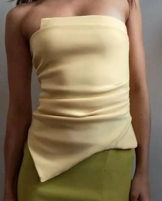 Asymmetric Pleated Yellow Strapless