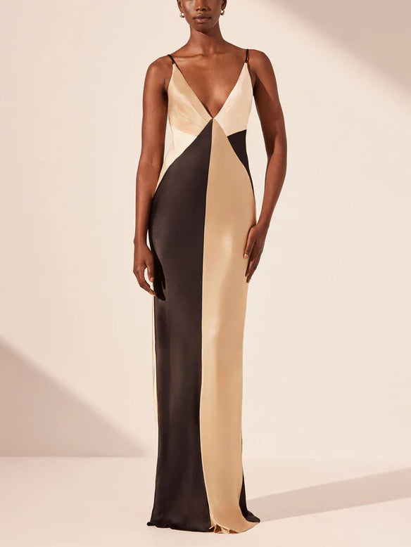 Women's Contrasting Satin V-Neck Double Strap Maxi Dress – Elegant Evening Gown