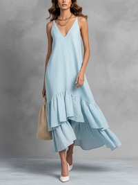Women's Light Blue Cotton Linen Sleeveless V-Neck Ruffle Hem Maxi Dress
