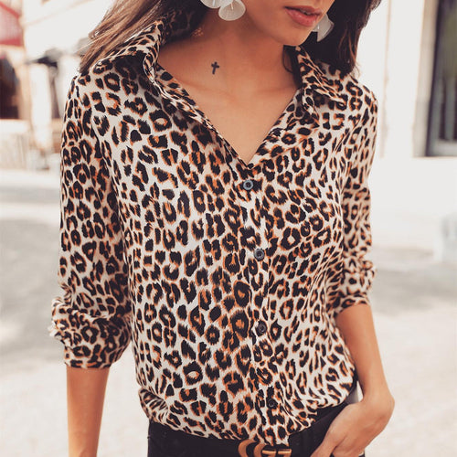 Women's Leopard Print Button-Up Blouse – Long Sleeve Stylish Top