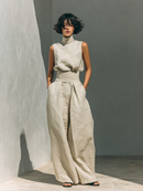 Women’s Linen Two Piece Set - Turtleneck Top Wide Leg Pants