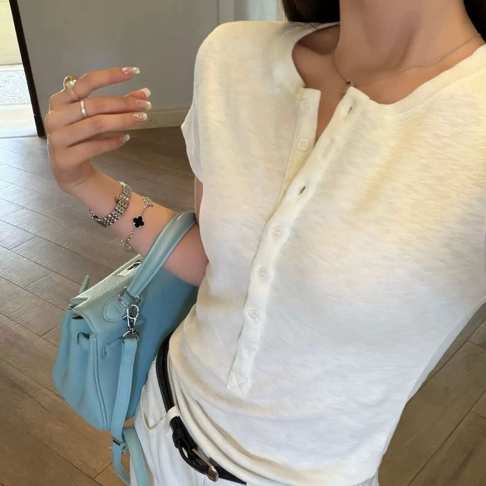 Women's Short-Sleeved Button Placket T-Shirt – Casual Slim Fit Top