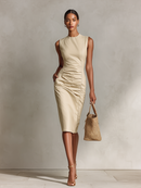 Women's Beige Textured Dress With Fitted Sheath Silhouette & Midi Length, Modern Office-Chic Style Dress