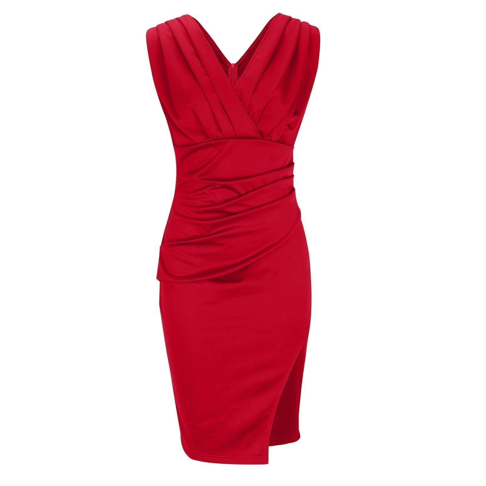 Women’s V-Neck Fitted Office Dress - Short Sleeve Slit Pencil Style