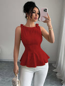 Women's Round Neck Sleeveless Flared Top – Floral Bow Accent Blouse