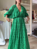 Women's V-Neck Oversize Maxi Lace Dress With Gathered Waist – Elegant Flow Dress