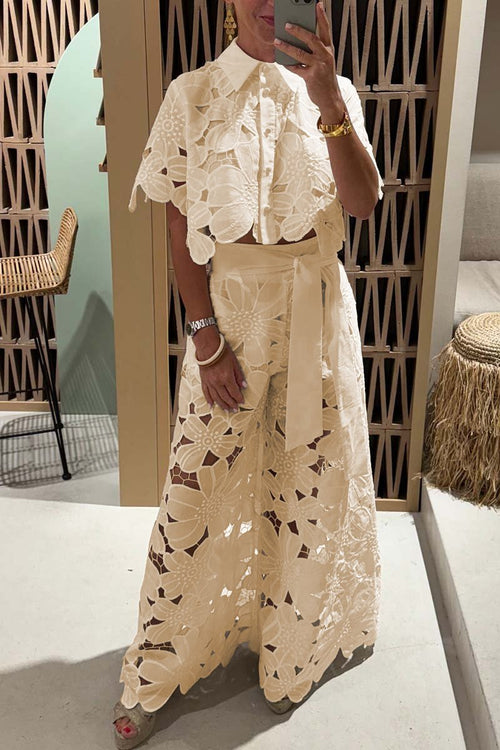 Women's Lace Blouse And Wide Leg Pants Set – Elegant Casual Outfit