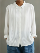 Women's White Pintuck Lace-Trim Longsleeve Shirt – Elegant Feminine Top