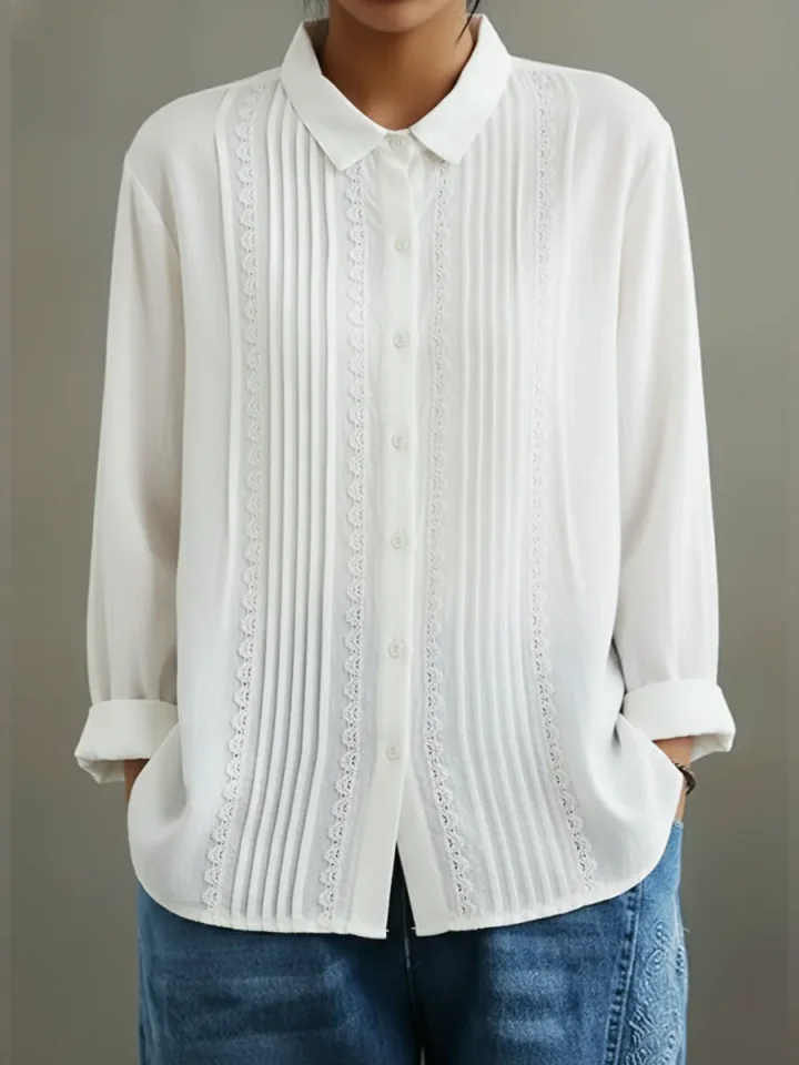 Women's White Pintuck Lace-Trim Longsleeve Shirt – Elegant Feminine Top