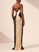 Women's Contrasting Satin V-Neck Double Strap Maxi Dress – Elegant Evening Gown
