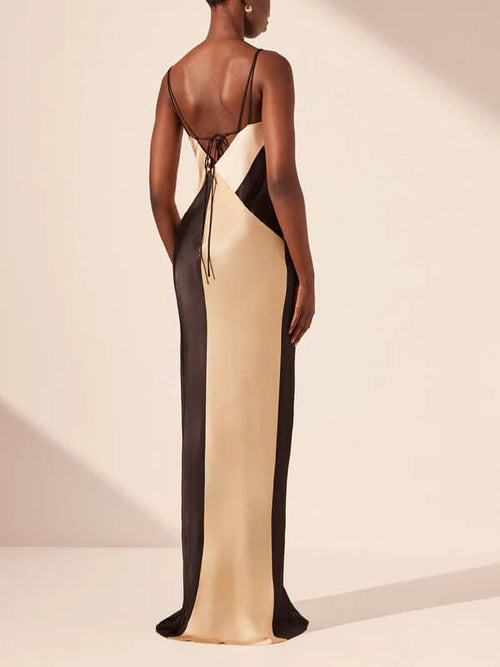 Women's Contrasting Satin V-Neck Double Strap Maxi Dress – Elegant Evening Gown