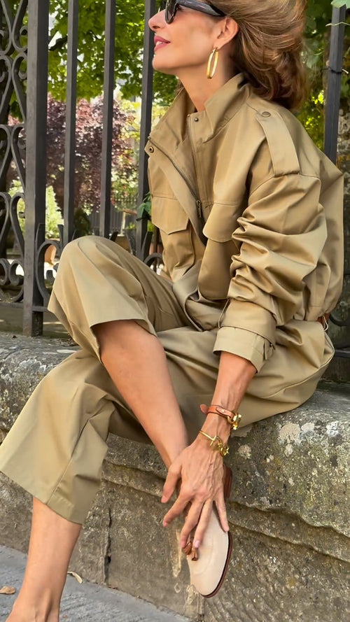 Women's Khaki Safari Two Piece Set – Casual Utility Outfit