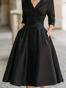 Women's Satin V-Neck Midi Dress – Long Sleeve Elegant Collared Dress