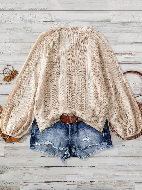 V Neck Buttoned Knitted Blouse For Women – Long Puff Sleeve Knit Top