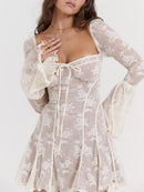 Women's Square-Neck Corset Lace Mini Dress – Long-Sleeve Elegant Fit