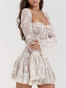 Women's Square-Neck Corset Lace Mini Dress – Long-Sleeve Elegant Fit
