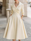 Women's Satin V-Neck Midi Dress – Long Sleeve Elegant Collared Dress