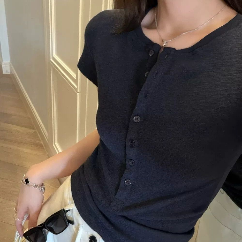 Women's Short-Sleeved Button Placket T-Shirt – Casual Slim Fit Top