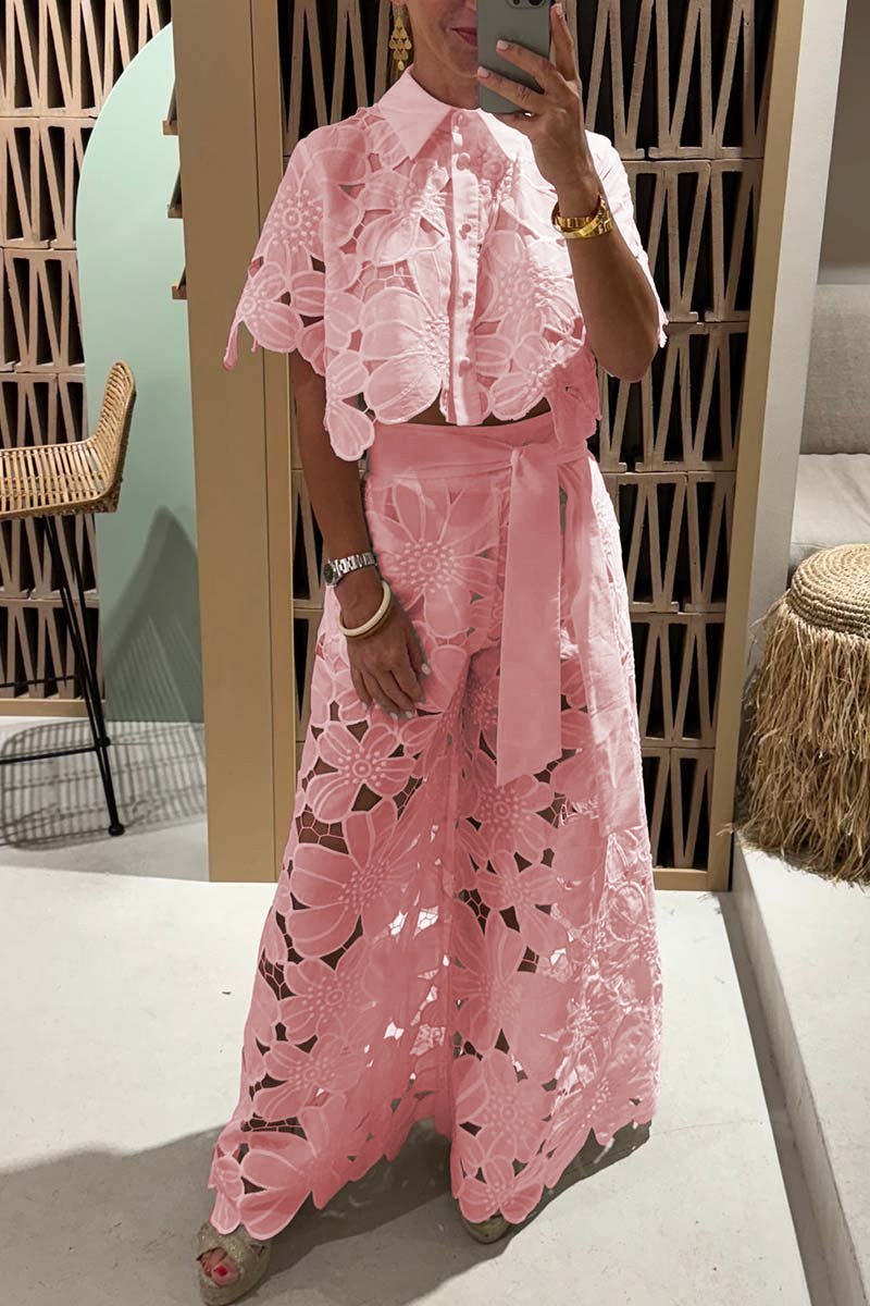 Women's Lace Blouse And Wide Leg Pants Set – Elegant Casual Outfit