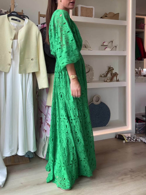 Women's V-Neck Oversize Maxi Lace Dress With Gathered Waist – Elegant Flow Dress