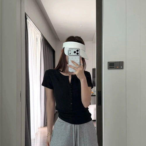 Women's Short-Sleeved Button Placket T-Shirt – Casual Slim Fit Top