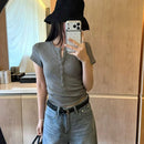 Women's Short-Sleeved Button Placket T-Shirt – Casual Slim Fit Top