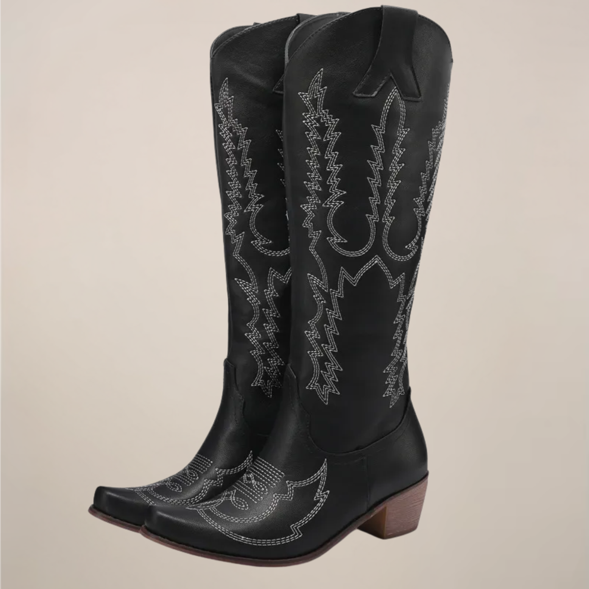 Women’s Western Knee-High Boots with Embroidered Detailing – Block Heel