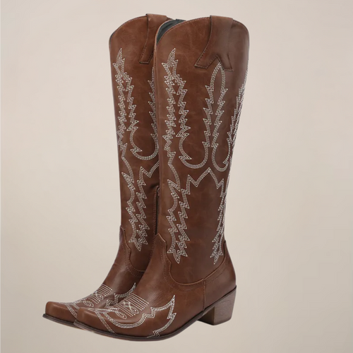 Women’s Western Knee-High Boots with Embroidered Detailing – Block Heel