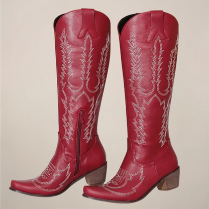 Women’s Western Knee-High Boots with Embroidered Detailing – Block Heel
