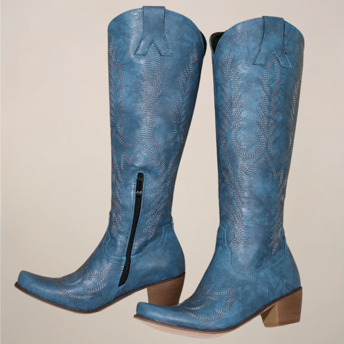 Women’s Western Knee-High Boots with Embroidered Detailing – Block Heel
