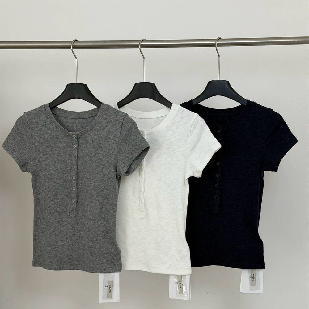 Women's Short-Sleeved Button Placket T-Shirt – Casual Slim Fit Top