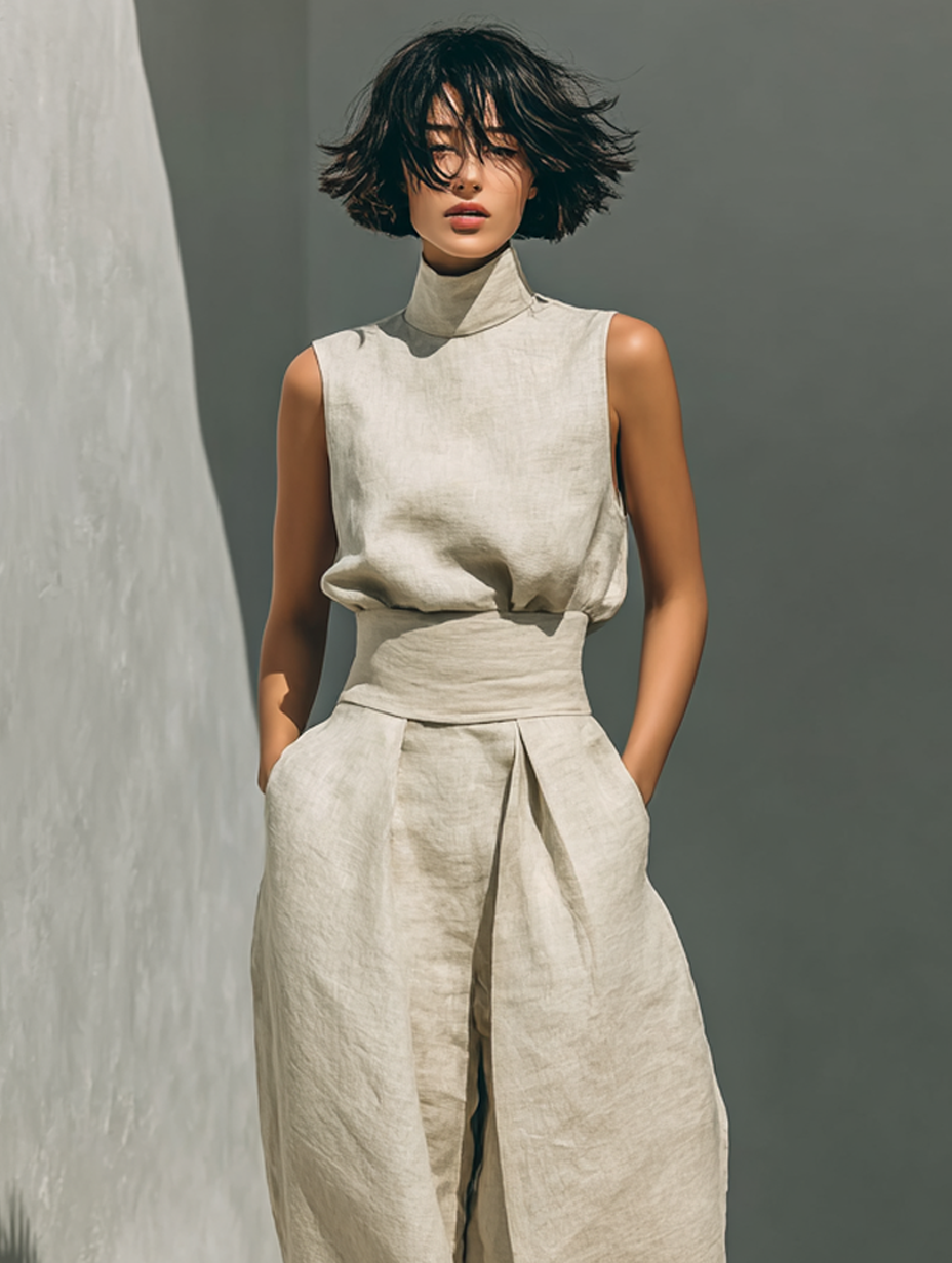 Women’s Linen Two Piece Set - Turtleneck Top Wide Leg Pants
