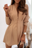 Women's V-Neck Buttoned Mini Shirt Dress – Long-Sleeve Dress