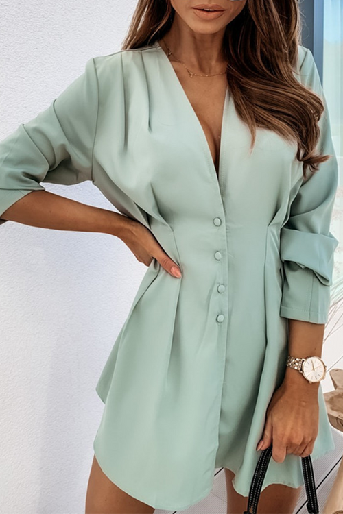 Women's V-Neck Buttoned Mini Shirt Dress – Long-Sleeve Dress